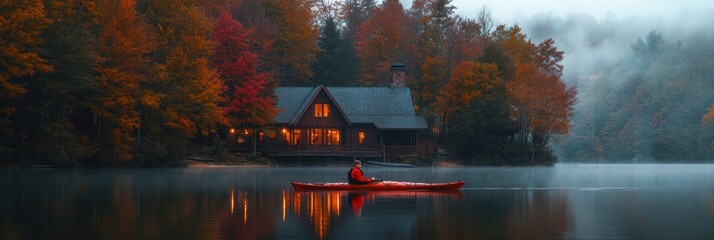 A person kayaking in water with colorful Autumn foliage woods and lake house