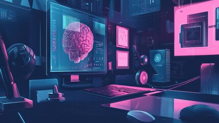 Fototapete - A computer lab with a monitor displaying a brain