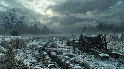 Canvas Print - Winter Landscape with Abandoned Cart and Foggy Field