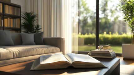 Modern home with an open Bible on the coffee table, soft light creating a serene worship atmosphere