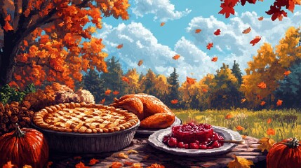 Autumn Harvest Feast: Delicious Thanksgiving Spread with Pumpkin Pie, Roasted Turkey, Cranberry Sauce, and Seasonal Decorations in a Scenic Fall Landscape