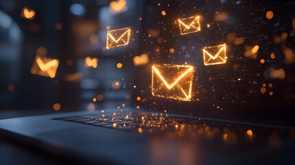 Glowing Email Icons Emerging from Laptop with Sparkling Lights