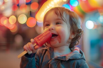 Endearing little girl smiling youthful joy candid moment. Sweet baby girl short hair smiling cute and natural way. Child relishes the taste of cold creamy ice cream.