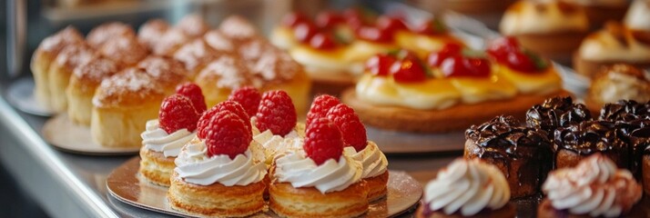 A tempting array of delectable pastries on display, featuring cream-topped tarts with fresh raspberries, chocolate-drizzled treats, and golden baked goods dusted with sugar.