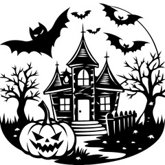 Wall Mural - Halloween background with pumpkin and bats house on transparent background