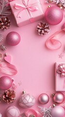 Wall Mural - festive pink christmas flatlay with wrapped gifts, glittery ornaments, and pine cones creating a fem