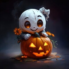 Canvas Print - Cute Ghost Holding a Jack-o'-Lantern