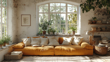 A bright and airy living room with a large window, a mustard yellow sofa, and a variety of houseplants.