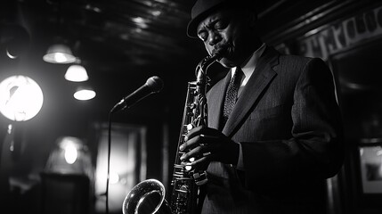 American Jazz Saxophonist Playing in a Dimly Lit Club