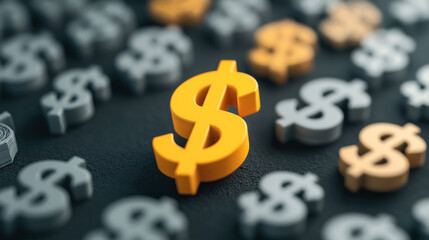 A close-up view of various dollar signs scattered on a dark surface, with a prominent gold dollar sign in focus surrounded by gray dollar signs in a bokeh effect.