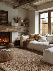 Sticker - Cozy living room with a fireplace and a large sectional sofa.