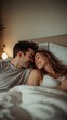 © Maria Mikhaylichenko - Intimate moment captured in soft lighting: a couple shares a tender embrace in bed, their faces close, eyes closed, radiating warmth and affection in the cozy atmosphere.