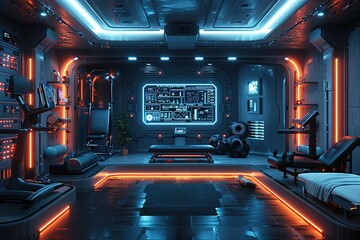 Poster - a futuristic room with neon lights and a large screen