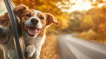 A pair of dogs with their heads out of the car window, their joyful expressions highlighted by the golden hues of the autumn trees.