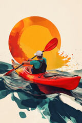 Wall Mural - Vintage poster design vector illustration of a man kayaking in water