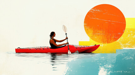 Flat vector illustration of a female kayaking in water