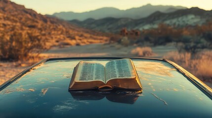 A Bible placed on the hood of a car in the wilderness, symbolizing spiritual journeys and faith on the road