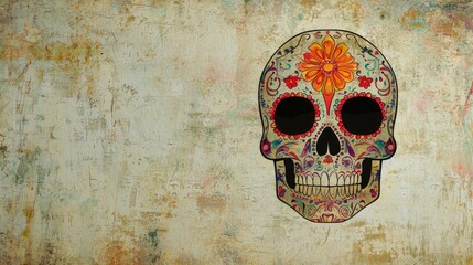 A clean illustration of a Day of the Dead skull with minimal decoration centered on a blank, textured background for added copy space.