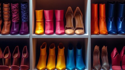 A vibrant image of a woman fashion collection featuring a range of stylish shoes, including boots, heels, and sneakers, displayed in an organized closet.