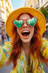 Wall Mural - A woman wearing a yellow hat and sunglasses with heart shaped lenses. She is smiling and taking a selfie