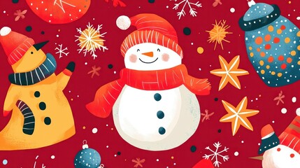 Wall Mural - A red background with a snowman and other winter themed characters