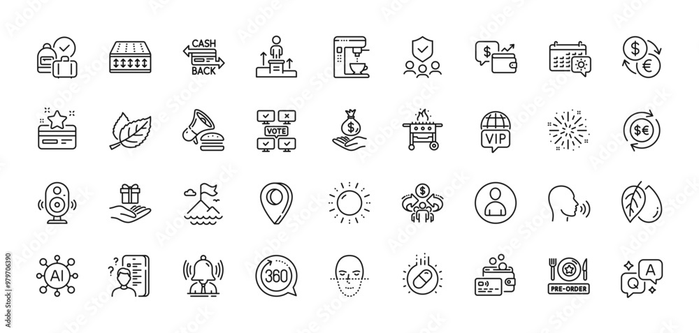 360 degrees, Fireworks explosion and Sun energy line icons pack. AI ...