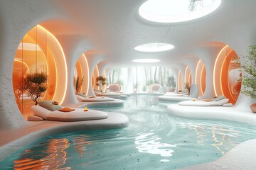 Wall Mural - A large room with a pool and a lot of white furniture