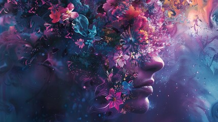 Wall Mural - A woman's face is hidden by a burst of colorful flowers, surrounded by swirling smoke.