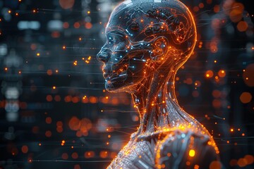 Poster - A man's head is shown in a computer generated image with a glowing orange head