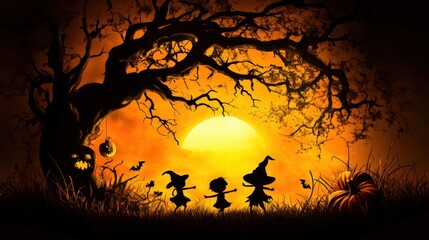 Wall Mural - A Halloween scene with a tree and three witches