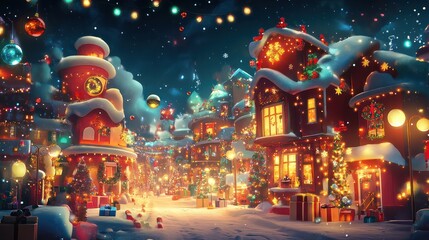 Poster - A Christmas scene with a town square filled with houses and decorations