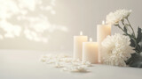 simple background for all saint's day with chrysanthemum and some candles, soft tones. Background mockup mock-up for all Saints Day or All Souls' Day. Background with copy space.