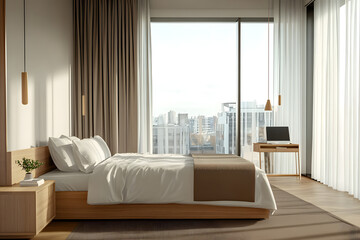 Sticker - Light hotel bedroom interior with sleep and work zone, panoramic window