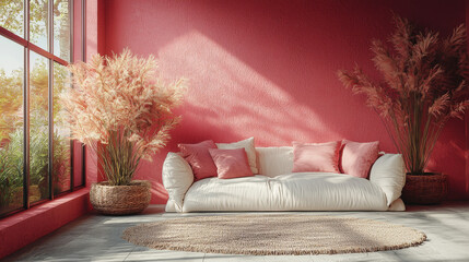 Wall Mural - A white couch with pink pillows sits in a living room with a pink wall and a large window.