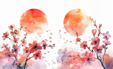 Poster - Watercolor Painting of Cherry Blossoms and Spheres