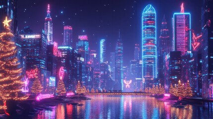 Poster - A cityscape with neon lights and a Christmas tree