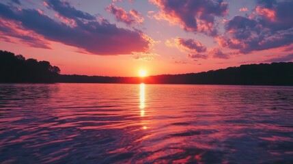 Poster - A beautiful sunset over a lake with a reflection of the sun on the water