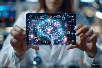 Poster - A woman is holding a tablet with a brain image on it