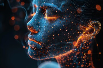 Poster - A woman's face is shown in a computer generated image with a lot of orange
