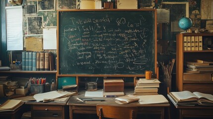 Vintage Classroom with Chalkboard and Books on Wooden Desks