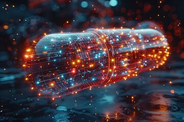Poster - A glowing pill with a blue and red swirl