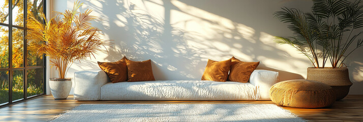 Wall Mural - Minimalist living room with a white sofa, brown pillows, and a large plant.