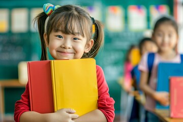 Happy student classroom environment shows enthusiasm education. Diverse learning environment smiling child and colorful books. Childhood curiosity drives academic dreams.