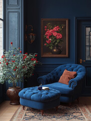 A cozy living room with a blue velvet armchair and ottoman, a painting of flowers, and a plant.