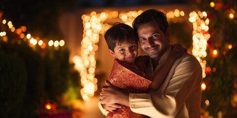 Wall Mural - A man and a child are standing in front of a lighted area with a festive atmosphere. The man is holding the child and they both seem to be enjoying the moment