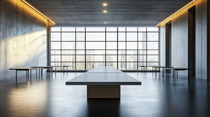 hyper modern tables in perpendicular and grid formation office layout large windows set design tech company