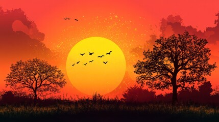 Wall Mural - A sunset with a large yellow sun and a flock of birds flying in the sky