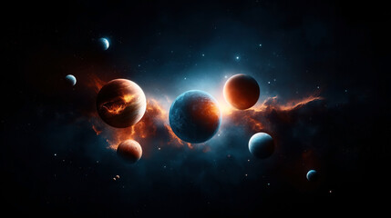 Wall Mural - A visually stunning image depicting a group of diverse planets surrounded by a glowing nebula and distant stars, showcasing a vibrant and dynamic outer space scene.