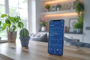 Poster - A smart phone is sitting on a wooden table in a living room