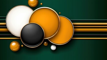  A green and yellow background with various balls and a black and white ball at the base